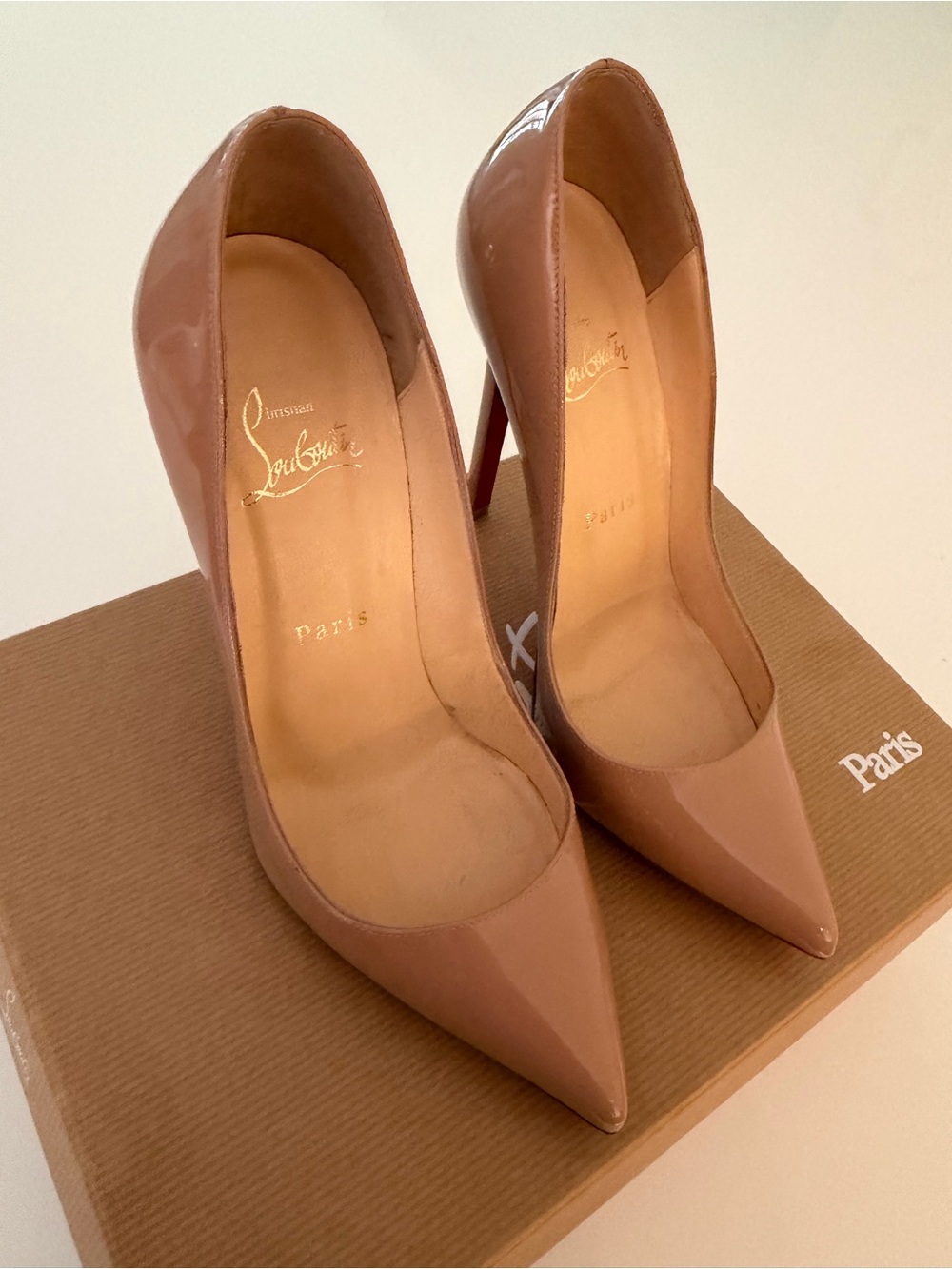 Christian Louboutin Nude Patent Pointed-Toe Pumps with Red Sole